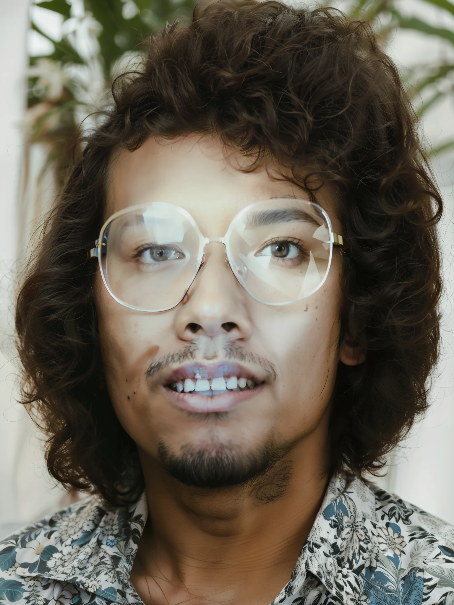 there is a man with glasses and a flower shirt on, clear symmetrical face, portrait symetrical, with symmetrical facial features, inspired by Carl Gustaf Pilo, hyper-detailed portrait, symetrical portrait, symmetrical centered portrait, highly detailed photo portrait, symmetrical nostrils, photorealistic facial features, color portrait, inspired by Chuck Close