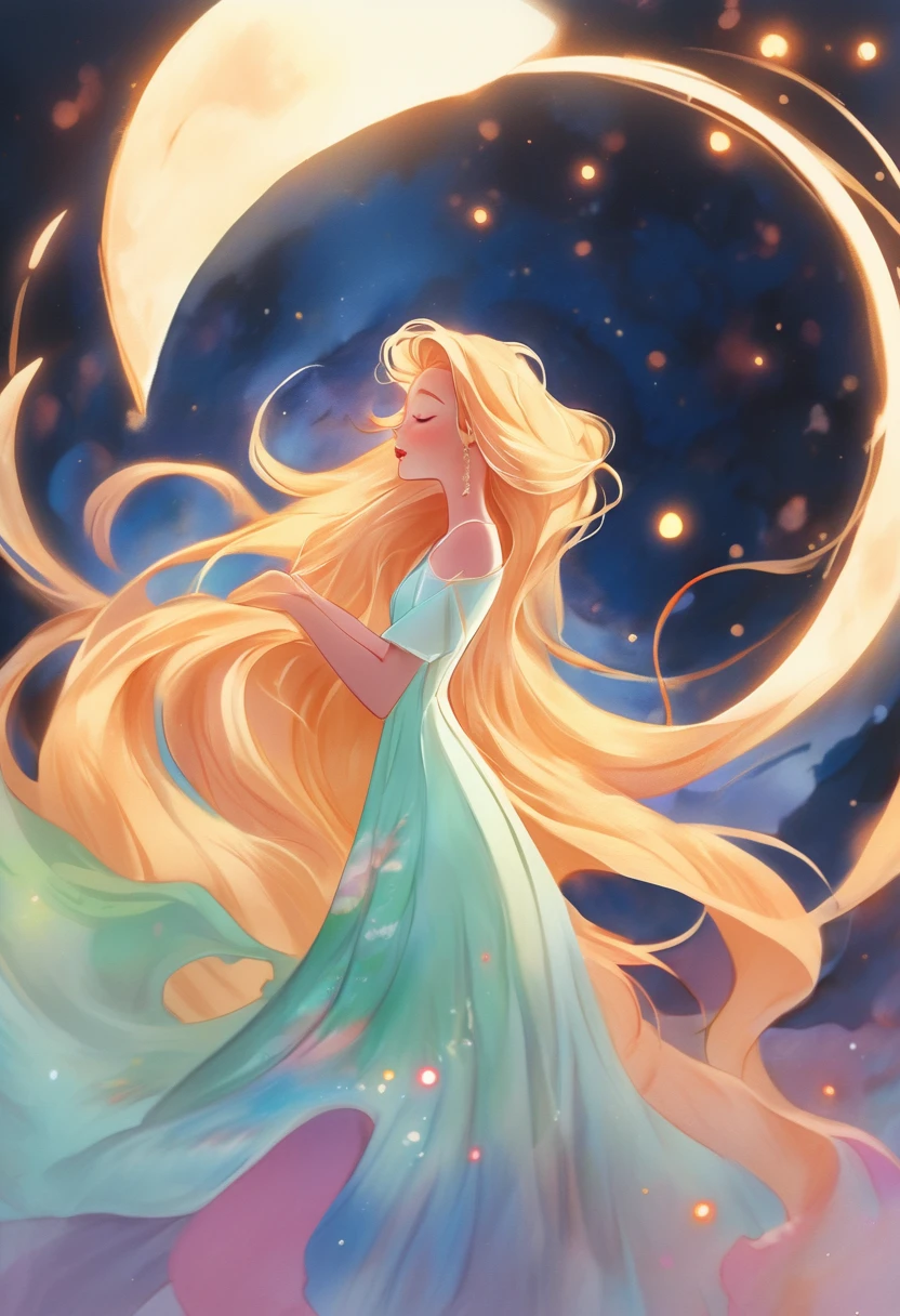 beautiful girl in flowing colorful ballgown, moon dress, long golden hair, Colorful watercolor background, inspired Written by Glen Keene, inspired Written by Lois Van Baarle, disney art style, Written by Lois Van Baarle, There's a glowing aura around her, Full moon in the sky,Written by Glen Keene, Just Bartel, incandescent lamp! digital painting, flowing shining hair, shining flowing hair, beautiful digital illustration, Fantasia otherworldly landscape plants flowers, beautiful, masterpiece, highest quality, Anime Disney Style,Portrait