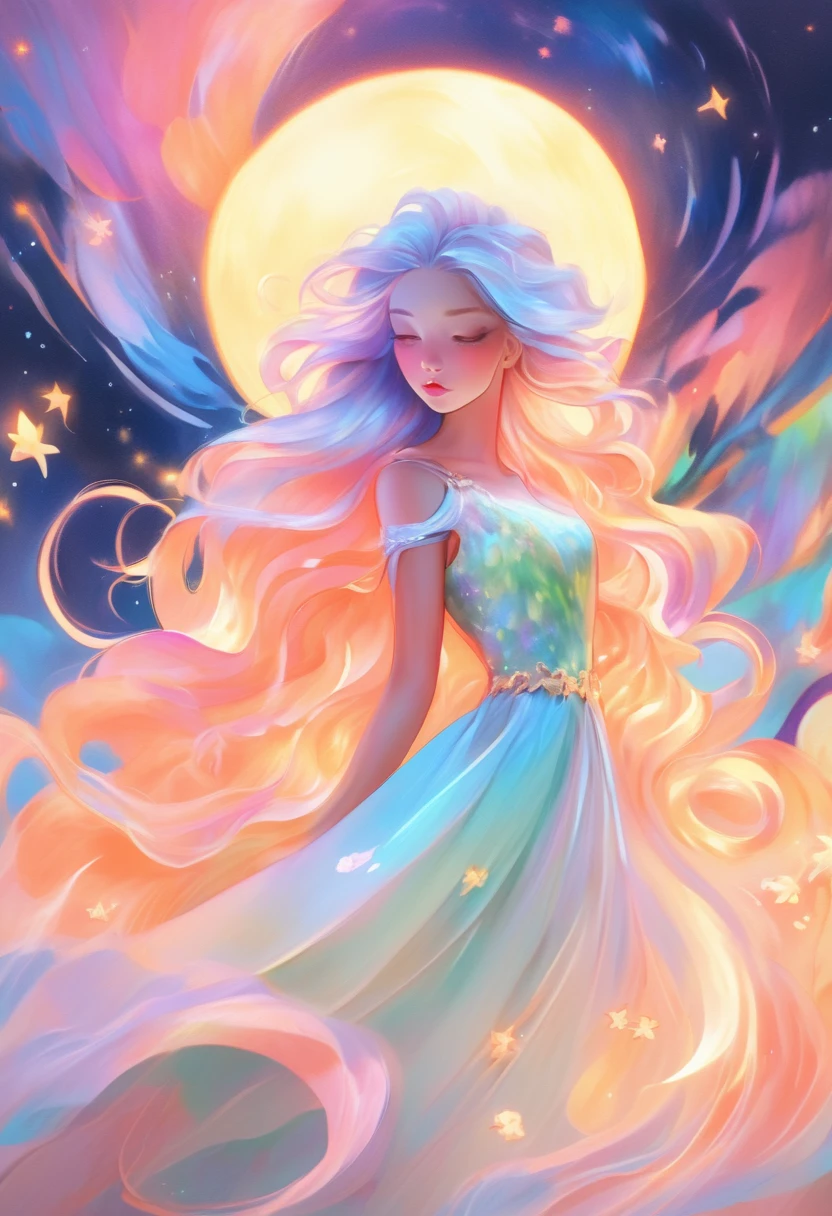 beautiful girl in flowing colorful ballgown, moon dress, long golden hair, Colorful watercolor background, inspired Written by Glen Keene, inspired Written by Lois Van Baarle, disney art style, Written by Lois Van Baarle, There&#39;s a glowing aura around her, Full moon in the sky,Written by Glen Keene, Just Bartel, incandescent lamp! digital painting, flowing shining hair, shining flowing hair, beautiful digital illustration, Fantasia otherworldly landscape plants flowers, beautiful, masterpiece, highest quality, Anime Disney Style,Portrait