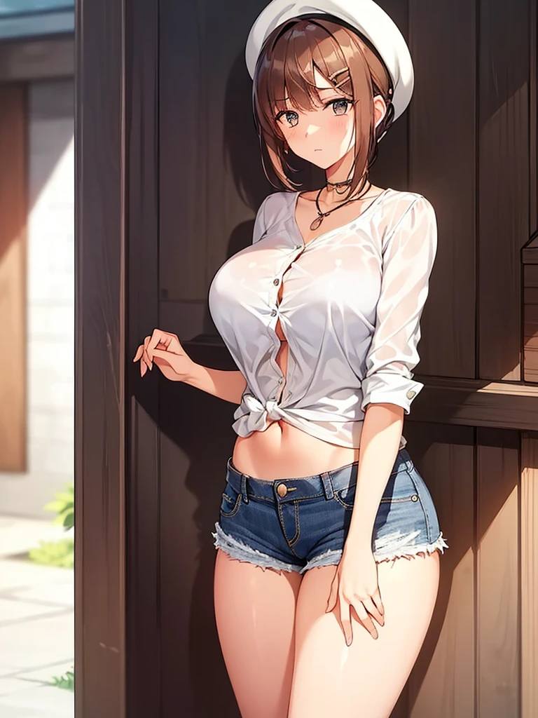 1 girl, ((Expressionless)), ((white shirt)), short hair, huge breasts, naughty big breasts, denim shorts, ((long and thin legs)), ((thin waist)), thighs, beret, Beautiful woman, wet shirt, cowboy shot, Close your legs, defenseless, Sobby expression