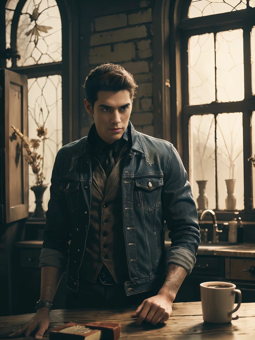 30 year old man, short hair. scruffy grey stubble, scratching head, wearing denim jacket, tatty jeans, leaning against sink in traditional farmhouse kitchen, hold fil cigarettes, drink coffee cup, cigarettes, lighter on table. unlight through window, sunset. cinematic dramatic.