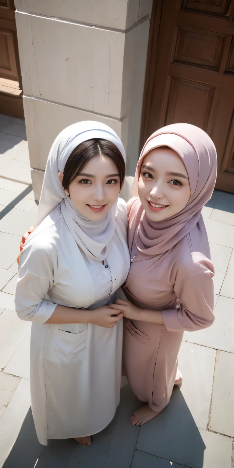 masutepiece, Best Quality, Illustration, Highly detailed, fine detail, high resolution, 8K Wallpaper, perfect dynamic composition, Many people in hijab, many people in hijab, (three girls in hijab taking front camera photo from above), Beautiful eye details, Natural Lips , Smiling lips,(Lips laugh lightly), Hand details, (hands in pocket in Muslim robe), lothes, luxurious jubba thobbe, full body photo, building view, sunlight, (shot from above), close-up photo , (three girls in hijabs taking photos of the front camera), look at your big breasts, people in hijabs