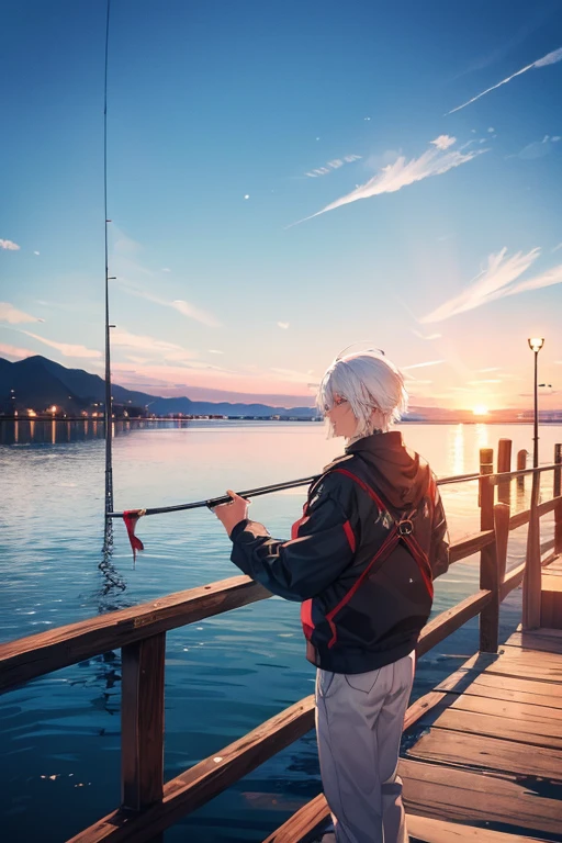 A white haired man with ruby eyes is fishing on a dock