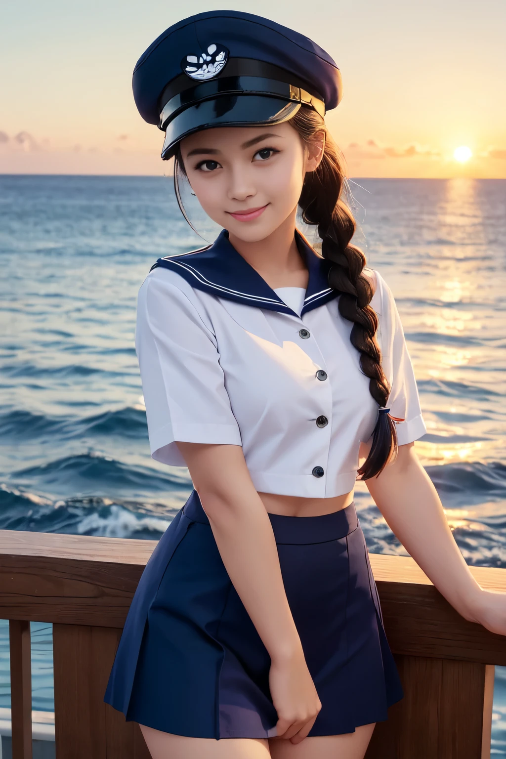 (High quality, High resolution, Fine details), Realistic, (navy), Sail ships, prow, Sunset, Sparkling water, white clouds, Solo, Slim woman, navy sailor hat, navy blue sailor uniform, Braided hair, Sparkling eyes, (Detailed eyes), Smile, Sweat, Oily skin, Smaller chest
