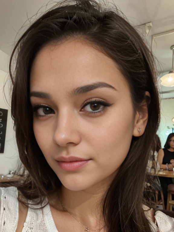 Foto de uma mulher morena de 20 anos, que tem um rosto muito natural,  labios finos, olhos finos, sobrancelhas finas, nariz fino, brincos, long eyelashes. She takes a cute selfie in a cafe