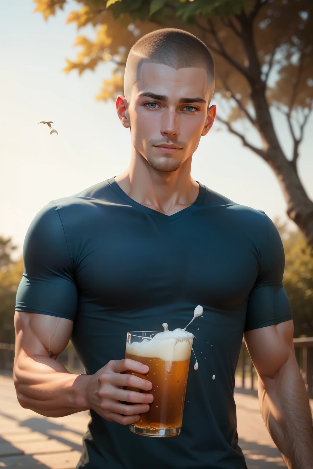 Man with big muscles drinking milk wearing plain white shirt denim shorts, wheat field, hunter eyes,
