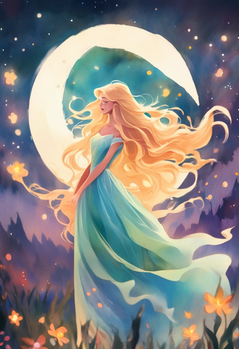 beautiful girl in flowing colorful ballgown, moon dress, long golden hair, Colorful watercolor background, inspired Written by Glen Keene, inspired Written by Lois Van Baarle, disney art style, Written by Lois Van Baarle, There&#39;s a glowing aura around her, Full moon in the sky,Written by Glen Keene, Just Bartel, incandescent lamp! digital painting, flowing shining hair, shining flowing hair, beautiful digital illustration, Fantasia otherworldly landscape plants flowers, beautiful, masterpiece, highest quality, Portrait