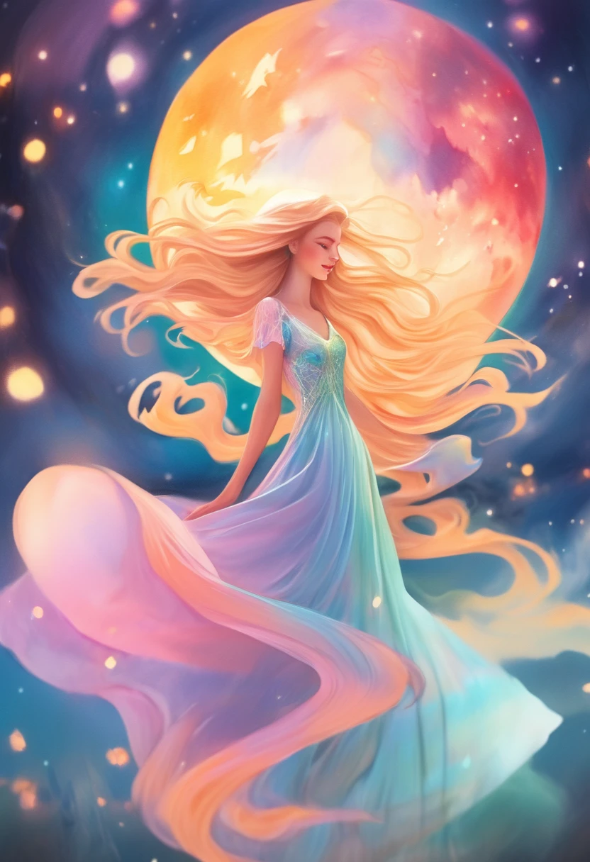 beautiful girl in flowing colorful ballgown, moon dress, long golden hair, Colorful watercolor background, inspired Written by Glen Keene, inspired Written by Lois Van Baarle, disney art style, Written by Lois Van Baarle, There&#39;s a glowing aura around her, Full moon in the sky,Written by Glen Keene, Just Bartel, incandescent lamp! digital painting, flowing shining hair, shining flowing hair, beautiful digital illustration, Fantasia otherworldly landscape plants flowers, beautiful, masterpiece, highest quality, Portrait