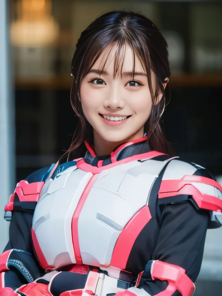 (super highest quality、8K、Masseter muscle part、delicate illustrations、wet hair、standing:1.2、Upper body:1.1、A beautiful and bewitching Japanese 25-year-old woman、Shocking pink and white metallic hero suit with a futuristic fit:1.3) 、(very plump body:1.2、super huge :1.4)、smile at the viewer、black haired