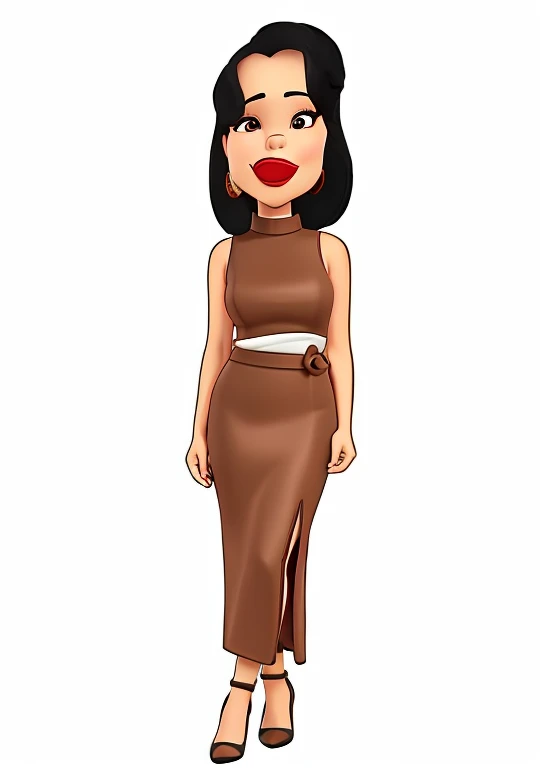 drawing of a woman with a brown dress and red lip, figura feminina em vestido maxi, usando um vestido longo, em estilo cartoon, usando vestido longo, cartoon style illustration, mulher no vestido, senhora semi-virada em vestido de noite, imagem de desenho animado, em uma jaqueta maxi de couro marrom, Mulher com cabelo preto, full body illustration, vestido longo feminino, inspirado em Tex Avery