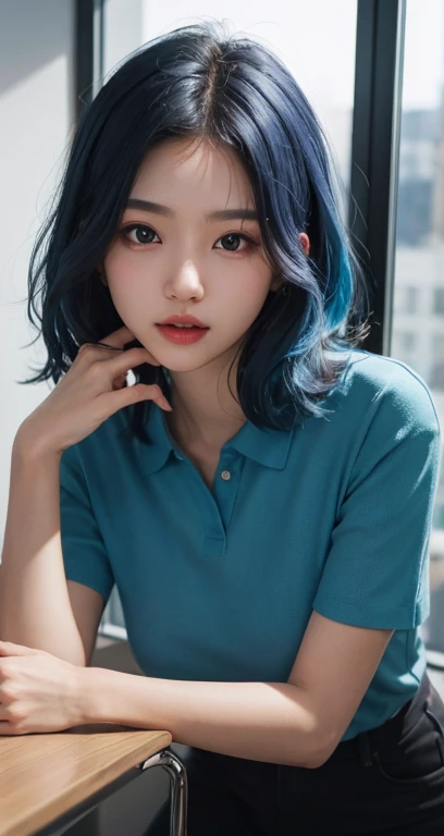 Best Quality Detail:1.2, realisitic, 8K UHD, hight resolution, 1girl in:1.2, The ultra-detailliert, High quality textures, intricate detailes, detaileds, Very detailed CG, High quality shadows, Detail Beautiful delicate face, Detail Beautiful delicate eyes, depth of fields, Ray traching, masterpiece, best quality,ulzzang -6500-v1.1:0.6, pureerosface_v1, Pretty Kpop Girl, Korean Urzan Face:1.1, milf, 28 year old woman,long neon blue hair,shiny_skin,thin_waist,huge breasts, polka_dots_midi_shirt,socks,converse, night, 4K 8K UHD Full Color RAW Photos, Fuji Film(Medium format:1.2), Hasselblad:1.2, Carl zeiss:1.1, Incredible dynamic range photography(UTIL_Art by Smoose-768:1.1), hight resolution, High pixel count, clear details, crisp image, Natural color reproduction, Noise Reduction, High fidelity, qulity, Software Improvements, Upscaling, Optimized algorithms, Pro-level retouching,crowd:1.1,depth of field,looking at viewer,random pose at the office meeting room,random pose, office meeting room atmosphere,