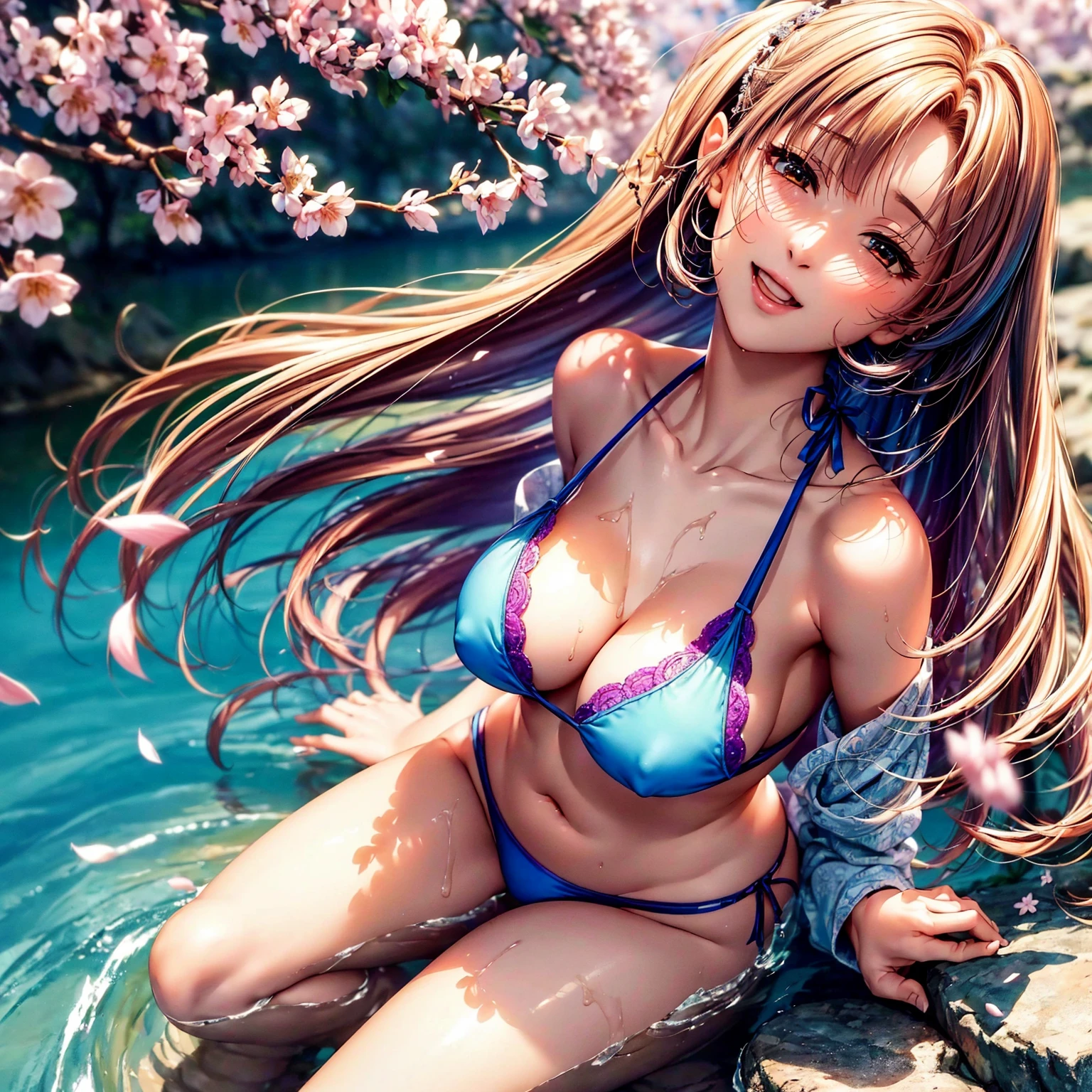 (((highest quality、masterpiece、very high resolution、highly detailed images、detailed details)))、(A woman of perfect and ultimate beauty:18-year-old, beautiful body:beautiful breasts、beautiful face:cheeks are red、beautiful hair:colorful,bright smile:Mouth opens)、(Slender and beautiful body, best skin and hair texture)、((Cute Bikini:美しく和柄でcolorful,shoulders are exposed,I can see my thighs)),((Mysterious waterfront:beautiful waterfall and cherry blossoms,fantastic night sky,natural light,beautiful scenery,beautiful scenery,Beautiful colors)),(water play,beautiful pose,model shoot,Hair flutters under the influence of the wind),bijinga,Overall image、accurate image、accurate anatomy、Image without defects,(best shot,RAW photo:1.2)
