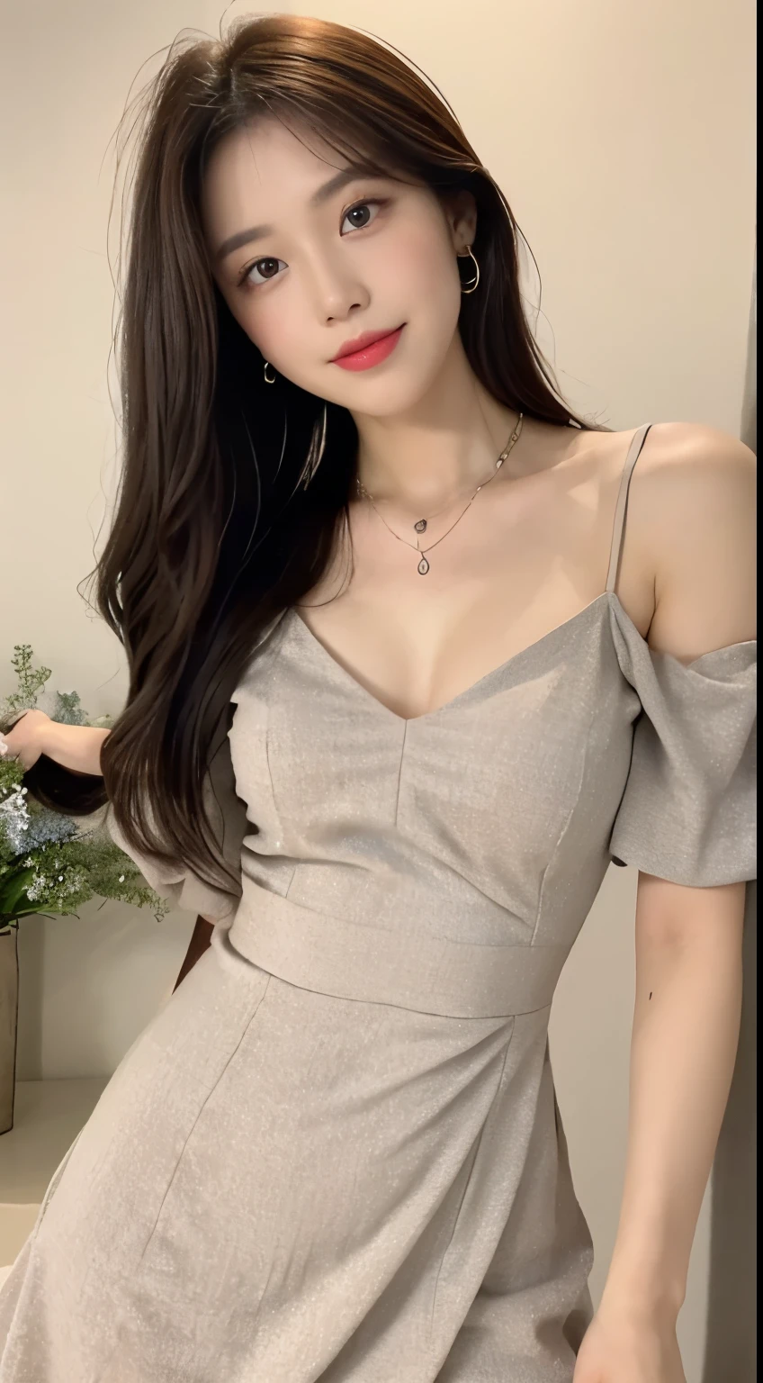 seed:2020674263.((Full body angle:1.1)).((Highest quality, 8K, masterpiece:1.3)), ((from below:1.1)).concentrated:1.2, Perfect body beauty:1.4, Hips:1.2, ((Delicate Hair)), (Colorful waist cinematographed dress :1.1) , ((Highest quality、、masterpiece:1.3))、1girl、A sloppy smile、Esbian all over、Slim face、Big Boobs、Beautiful woman、(Dark Brown Hair)、Long Hair、1、Flickering Valley、Detailed eyes、double eyelid、Blurred Background、超Slim face、Smile、Looking down、Bedroom、