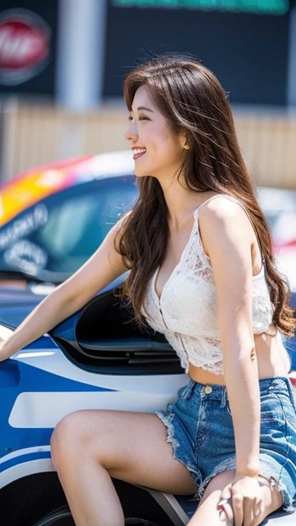 Highly detailed CG Unity 8K wallpaper, highest quality, Super detailed, masterpiece, realistic, photo realistic, Highly detailed cute girl, 25 years old, (whole bodyからつま先まで:1.4)、(whole body)、(whole body to toes)、(shot from the side)、(sitting on the hood of a car)、(lace queen)、(sexy pose),(model pose)、(middle chest)、(Middle butt)、
(Sponsored and wearing grid girl costume'logo is printed.:1.3), (shorts) , (sitting in a motorsport race), (cleavage), smile ,whole bodyショット ,(Side view)、(side shot)、(smile at the camera)、