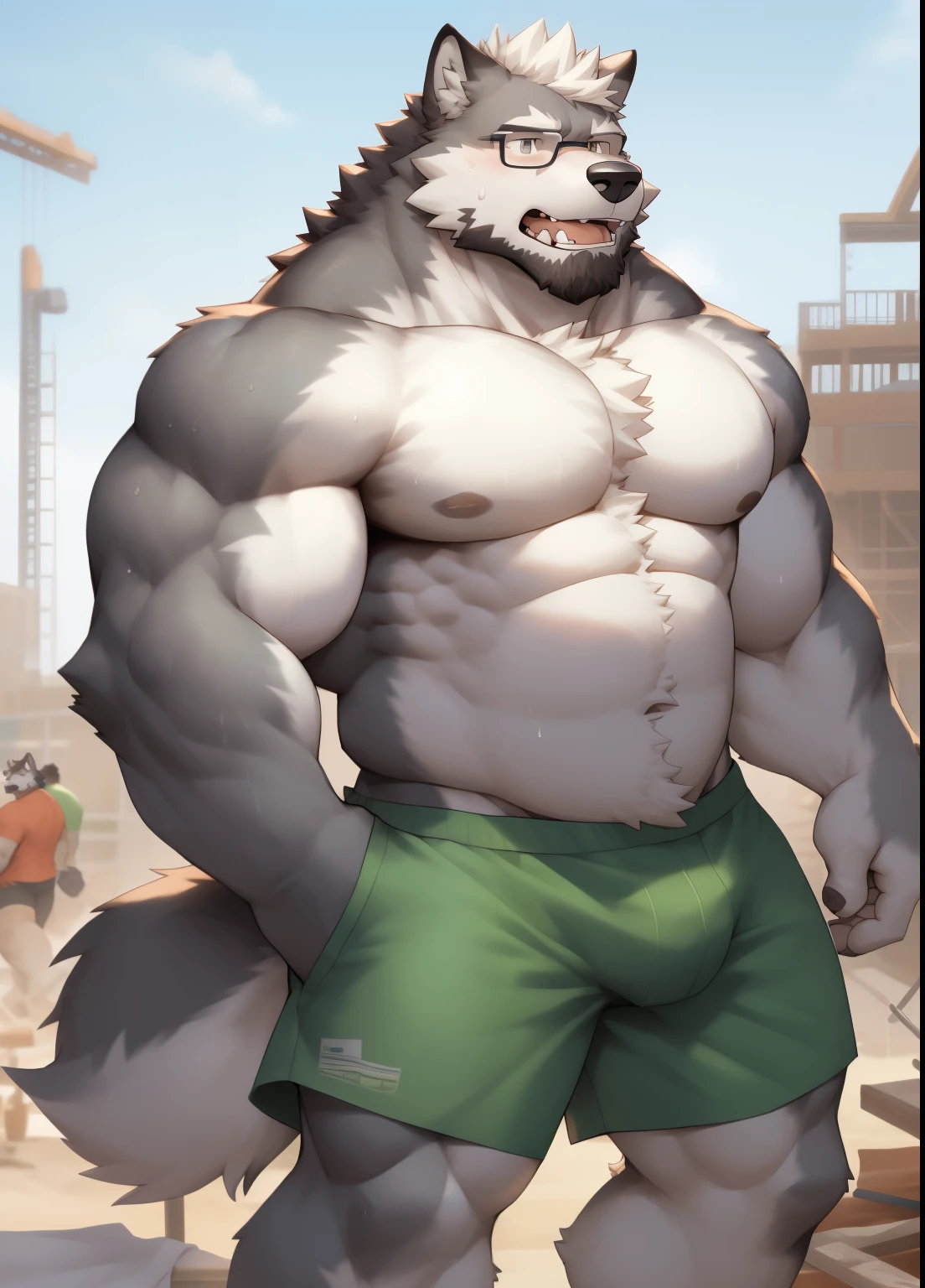 hairy，（（Wolf，Shirtless，construction shorts，Black-rimmed glasses，white towel）），beard，white fur，male，Common，full body picture（（极其lifelike阴影，masterpiece，Very detailed，lifelike））， （（Cat）），dynamic poses，Construction site，Show arm muscles，Wipe your sweat with a towel（（极其lifelike背景，masterpiece，Very detailed，lifelike））detailed background，dad body