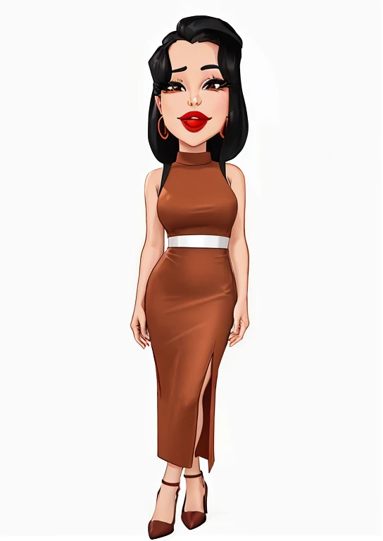 drawing of a woman with a brown dress and red lip, figura feminina em vestido maxi, usando um vestido longo, em estilo cartoon, usando vestido longo, cartoon style illustration, mulher no vestido, senhora semi-virada em vestido de noite, imagem de desenho animado, em uma jaqueta maxi de couro marrom, Mulher com cabelo preto, full body illustration, vestido longo feminino, inspirado em Tex Avery