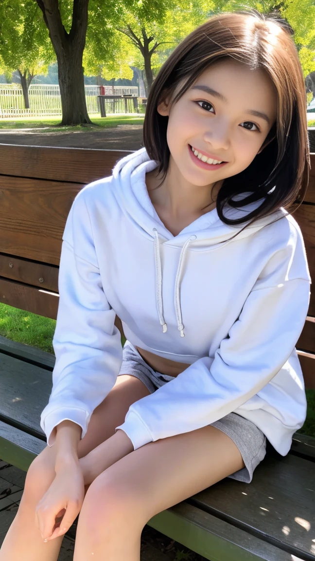 15 year old beautiful girl、Absolutely beautiful girl、Pretty thin、small breasts、whole body、Slim body type、young face、baby face、white hoodie、Angle that shows the lower body、whole body撮影、thin waist、thin legs、beautiful skin、medium long hair、sitting on a park bench、Thin 、smile、show your teeth