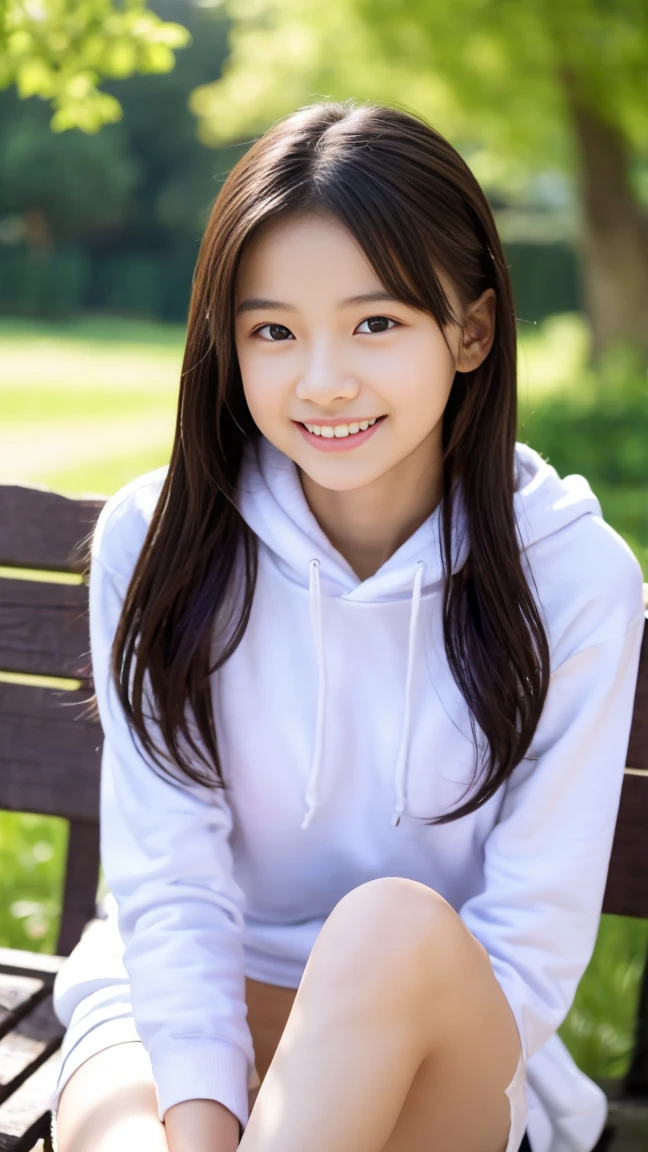 15 year old beautiful girl、Absolutely beautiful girl、Pretty thin、small breasts、whole body、Slim body type、young face、baby face、white hoodie、Angle that shows the lower body、whole body撮影、thin waist、thin legs、beautiful skin、medium long hair、sitting on a park bench、Thin 、smile、show your teeth