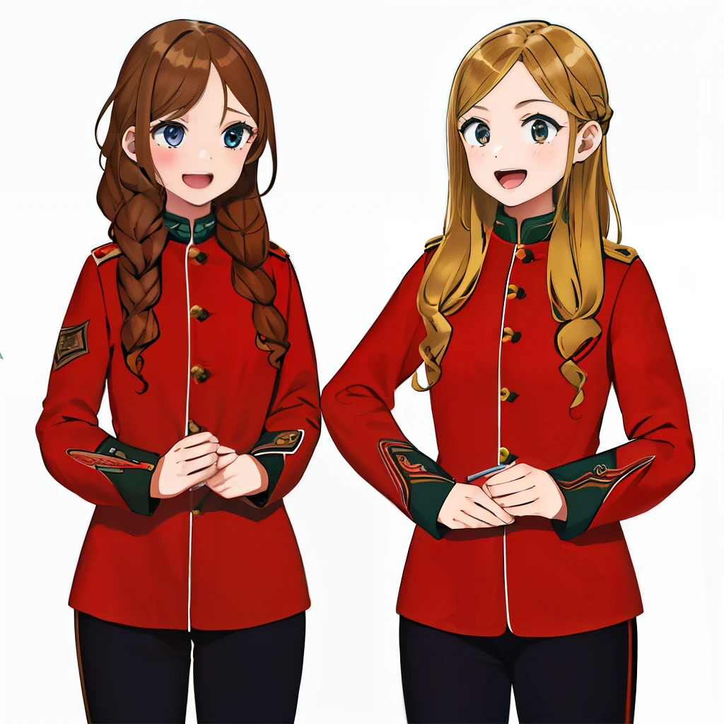 2girls, duo, twins, standing shoulder-to-shoulder, teenage woman, happy, brown hair, blonde hair, long curly hair, matching hairstyles, different hair colors, hair down, hazel eyes, redcoat, white background, best quality, highly detailed