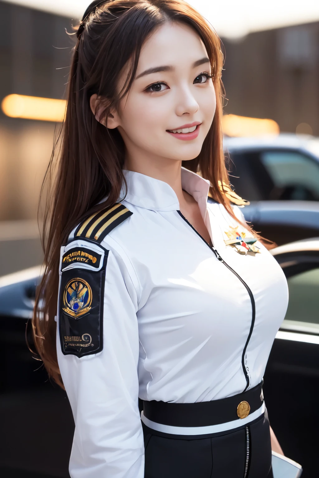 (Best quality, 8k, 32k, Masterpiece, UHD:1.2), (realistic:1.5), (masterpiece, Extremely detailed CG unity 8k wallpaper, best quality, highres:1.2), (ultra detailed, UHD:1.2), Photo of extremely cute and beautiful Japanese woman, (chestnut half-up hair:1.2), adult, (detailed beautiful girl:1.4), best quality, woman, adult, (pilot captain uniform:1.3), (white pilot captain shirt:1.5), (black high-waist shorts:1.3), (Beautiful night racing circuit view background:1.2), embarrassed laughing:1, looking at viewer, facing the viewer, ((perfect female body)), (narrow waist:1.2), (upper body image:1.3), slender, abs, (large breasted:1.25), frame the head,