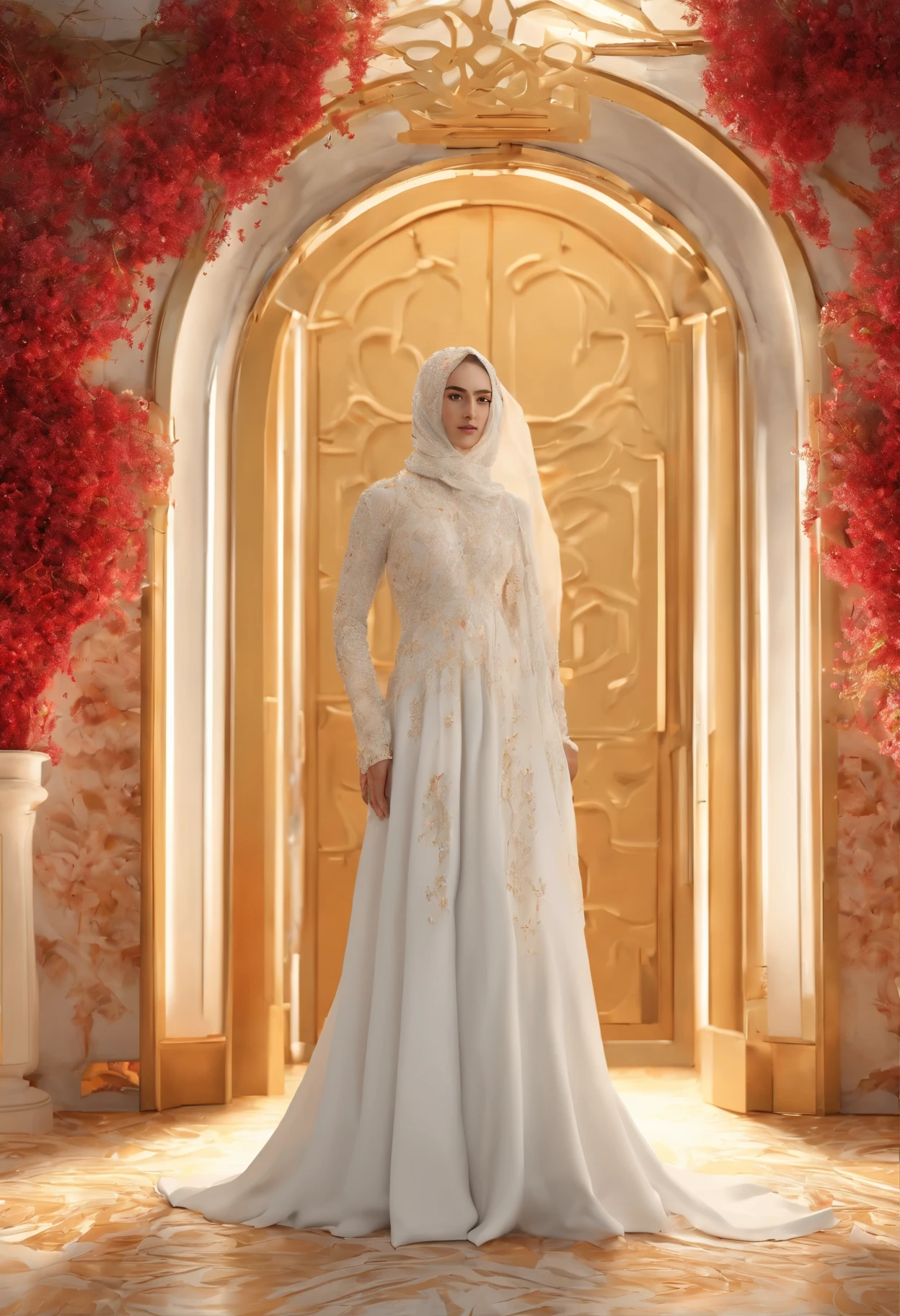 A long, white, all-over-the-body dress with precious hijab made of tiny red flowers. in the background, a precious door made of gold, in a bright room, the face of the bride is a mannequin