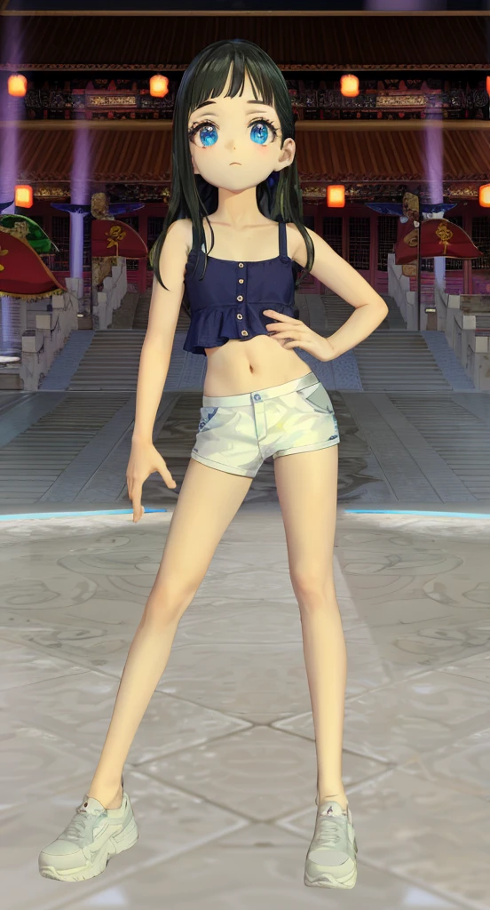 1 girl, alone, Masterpiece, the best_quality, photography, looking at camera, young adult guard, Tired expression, โปgameอน, โปgameอน (game), game freak, Nintendo, (porcelain skin), blue eyes, (black hair), (I'm busy in a ponytail.), black cardigan, Loose-fitting shirt, Black sweatpants, gen 3 โปgameอน, โปgameอน (organism), white skin, concrete background, lean against