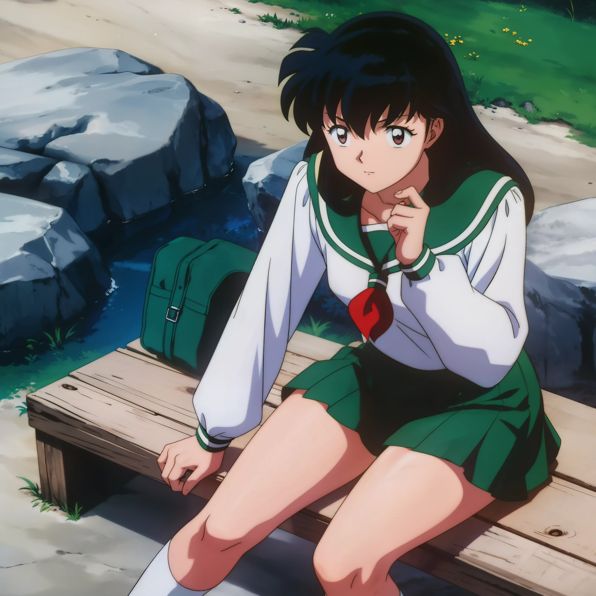 an anime woman sitting on top of a wooden bench with her hair up, 1girl, solo, outdoors, long hair, brown eyes, school uniform,(Masterpiece: 1.6, Best Quality), (Fine Beautiful Eyes: 1.2), (best quality, masterpiece, higher), green school uniform, soft thighs , long sleeves, white socks, scenery , Best Quality, ((anime)) ((Colored)) HD, Kagome Higurashi ,school uniforms, Standing, Green skirt, Red scarf, long hair, Black hair between the eyes, Thighs are soft, school background , black hair, skirt, sitting, green skirt, serafuku
