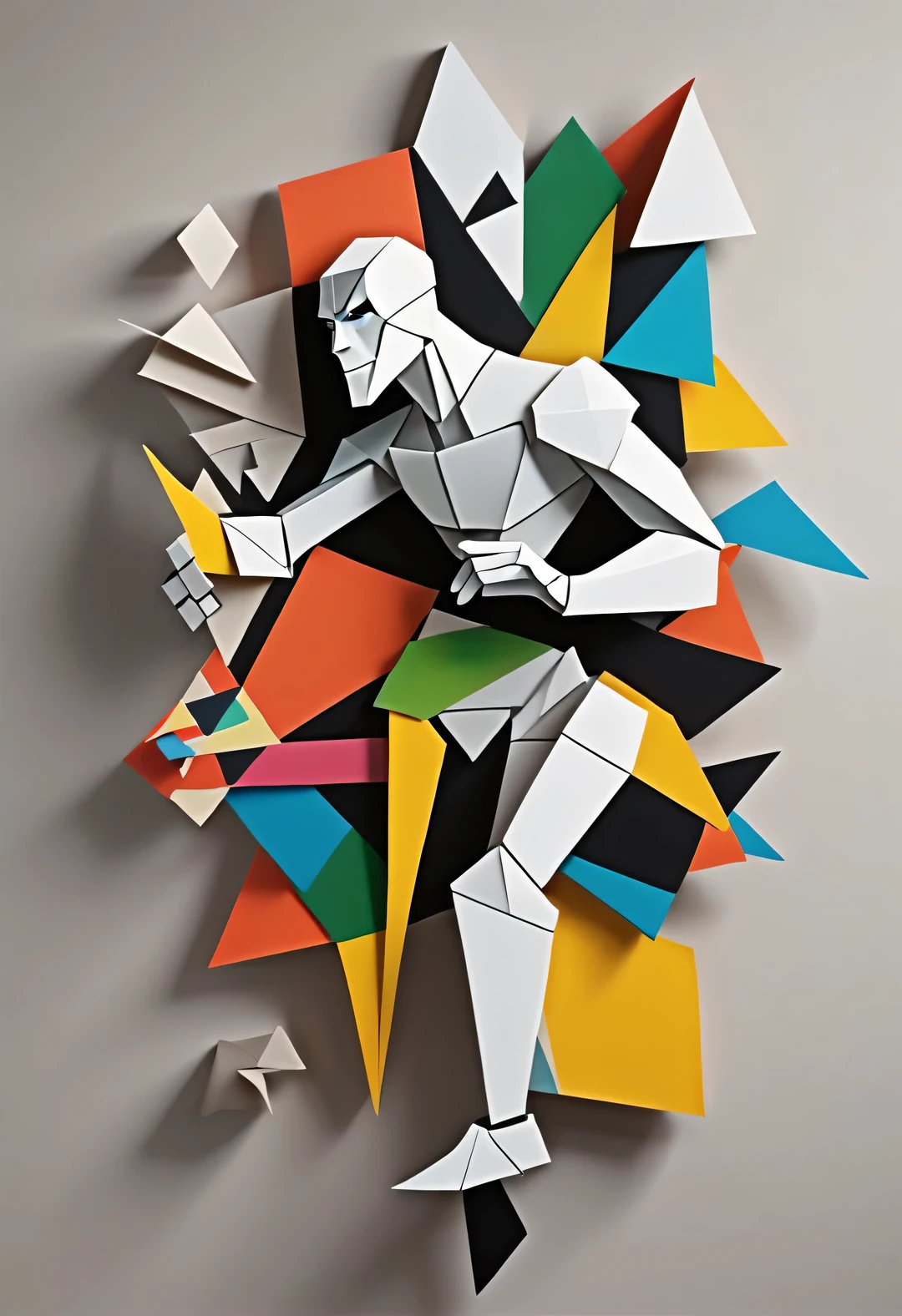 Black and white confetti cartoon character, Half body protrudes from wall，intruder through wall, become half a piece of paper. The intruder is a colorful cartoon confetti man, with fantasy, Science fiction, low polygon, cubismo, paper cutting, Created by Charles Eames and Ray Eames，optical illusion style,  Beautiful detailed