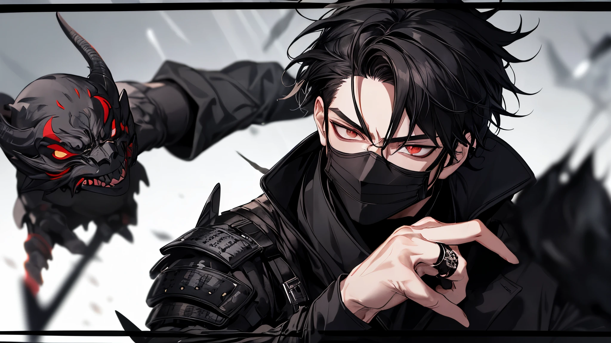 1 guy, black camouflage pants, Tactical gloves, body armor, wild hair, press, Thin, pale, rings on fingers, black nails, black hair, a little sporty, Glass eyes, cinematic lighting, Blur background, Best quality, Brown eyes, portrait, Japanese demon face mask, red mask with long nose on face,