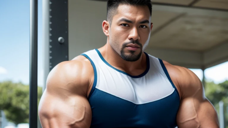 (Highly detailed 8K wallpaper), asian man, muscle worship, fold your arms, On the playground, baseball uniform, high detail, very short hair, skin head, Circular cut, very large and strong body, bulging muscles, muscular, very large pectoral muscles. Very sexy abs, legs are muscular, Toned figure, brightens oily skin, muscular, Tank top, T-shirt, long shot, wide shot