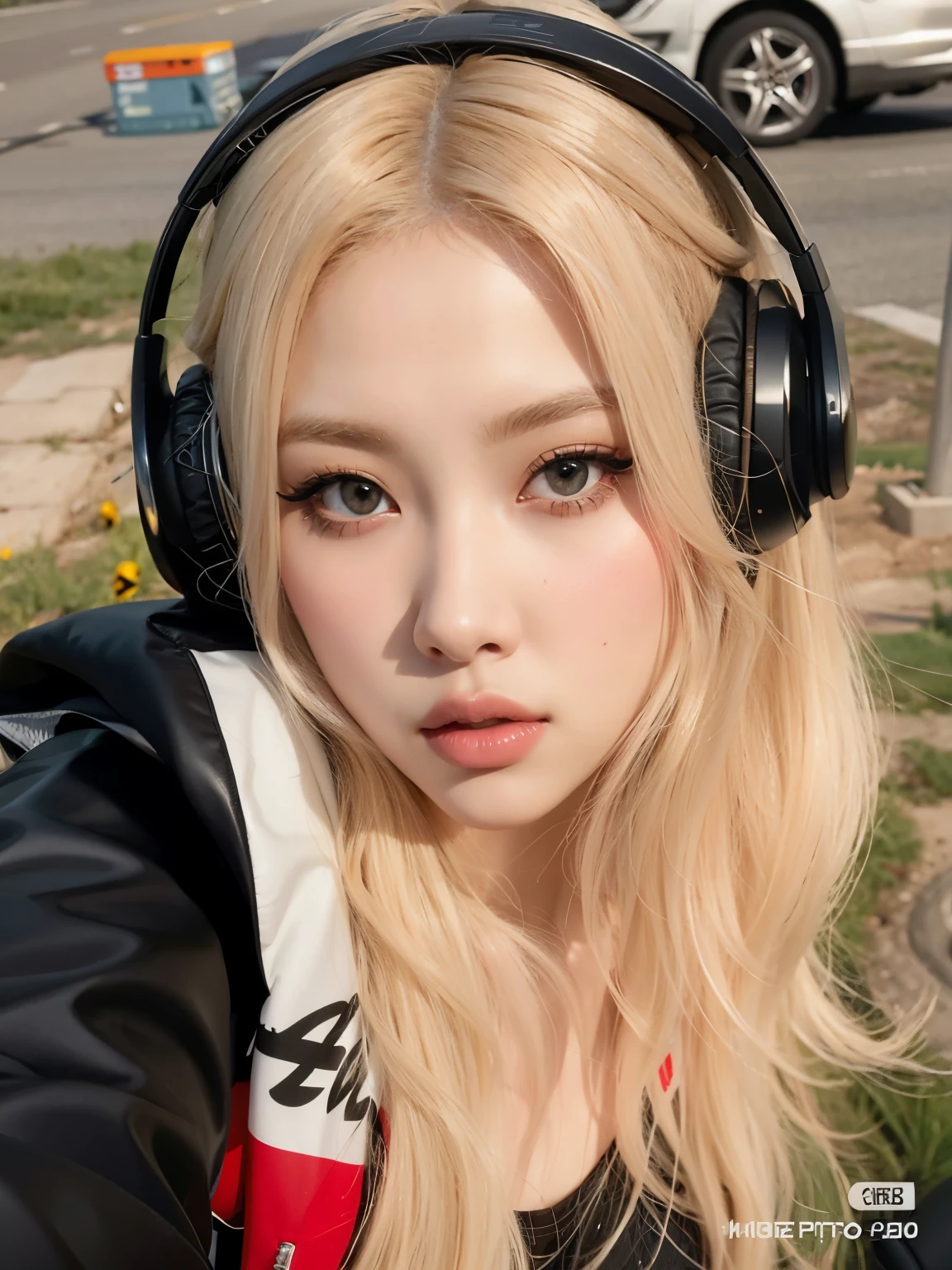 blond woman with headphones taking a selfie in front of a car, ava max, with head phones, with headphones, perfect white haired girl, high quality portrait, portrait of kim petras, loish and ross tran, headshot profile picture, anime vibes, kailee mandel, face like ester exposito, blonde hair and large eyes