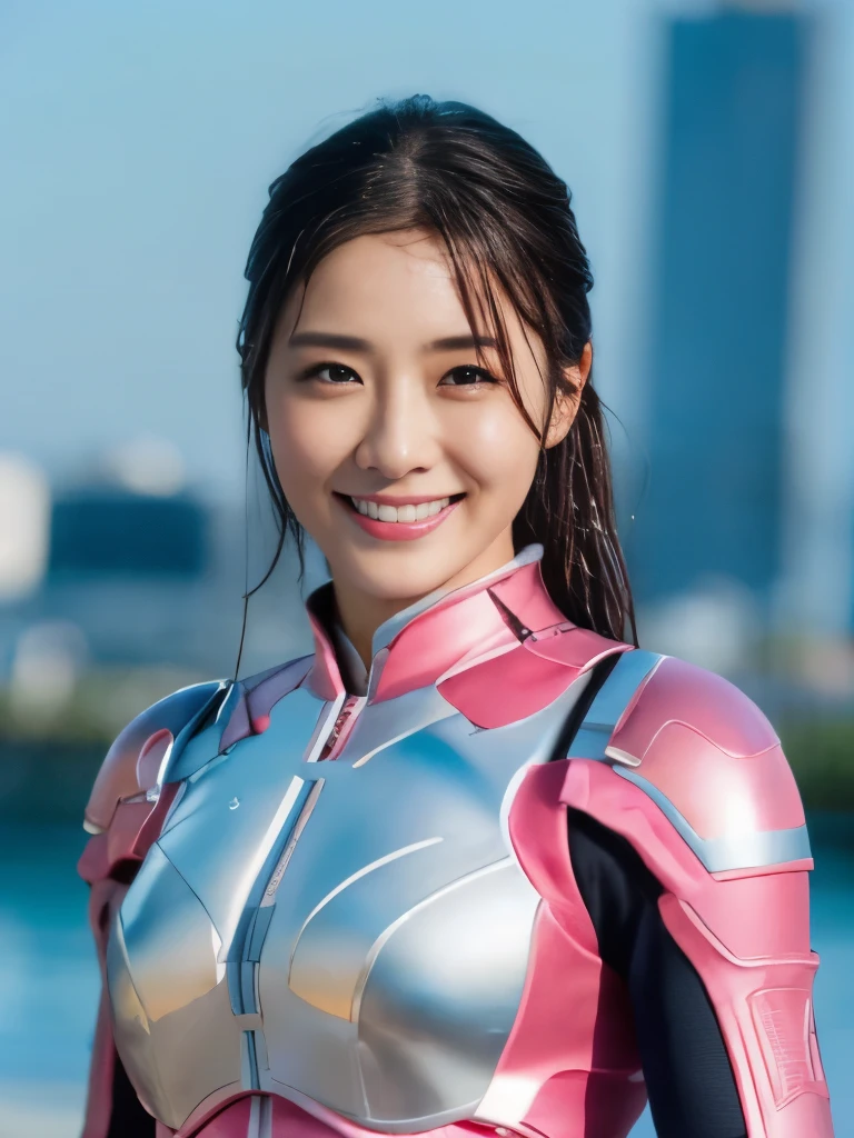 (super highest quality、8K、Masseter muscle part、delicate illustrations、wet hair、standing:1.2、Upper body:1.1、A beautiful and bewitching Japanese 25-year-old woman、Shocking pink and white metallic hero suit with a futuristic fit:1.5) 、(very plump body:1.2、super huge :1.4)、smile at the viewer、black hair