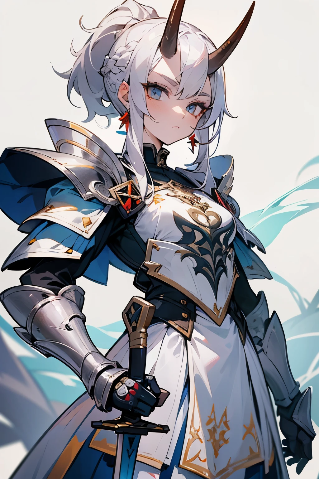 Anime-style, 1girl, solo, portrait of a woman knight, cowboyshot,  standing, (holding a sword), white background, empty-background, mature female, slender, expressionless, pale skin, (white hair), medium sideburns, French braid, long-ponytail, silver eyes, sanpaku-eyes, (oni horn), (white long dress), (white armor), gauntlets, nordic fashion, white stocking, fascinator, jewelry earrings, highly detailed, vibrant colors, composite lighting, professional shading, high quality textures, best quality, ultra-detailed face, ultra-detailed eyes