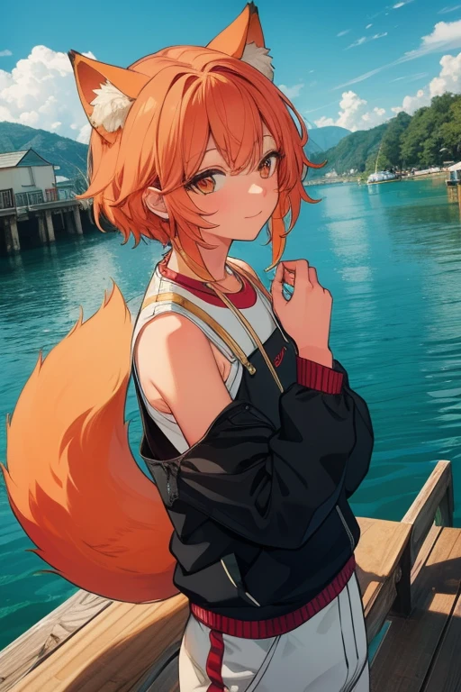 An orange haired man with orange eyes and orange fox ears and an orange fox tail is fishing on a dock