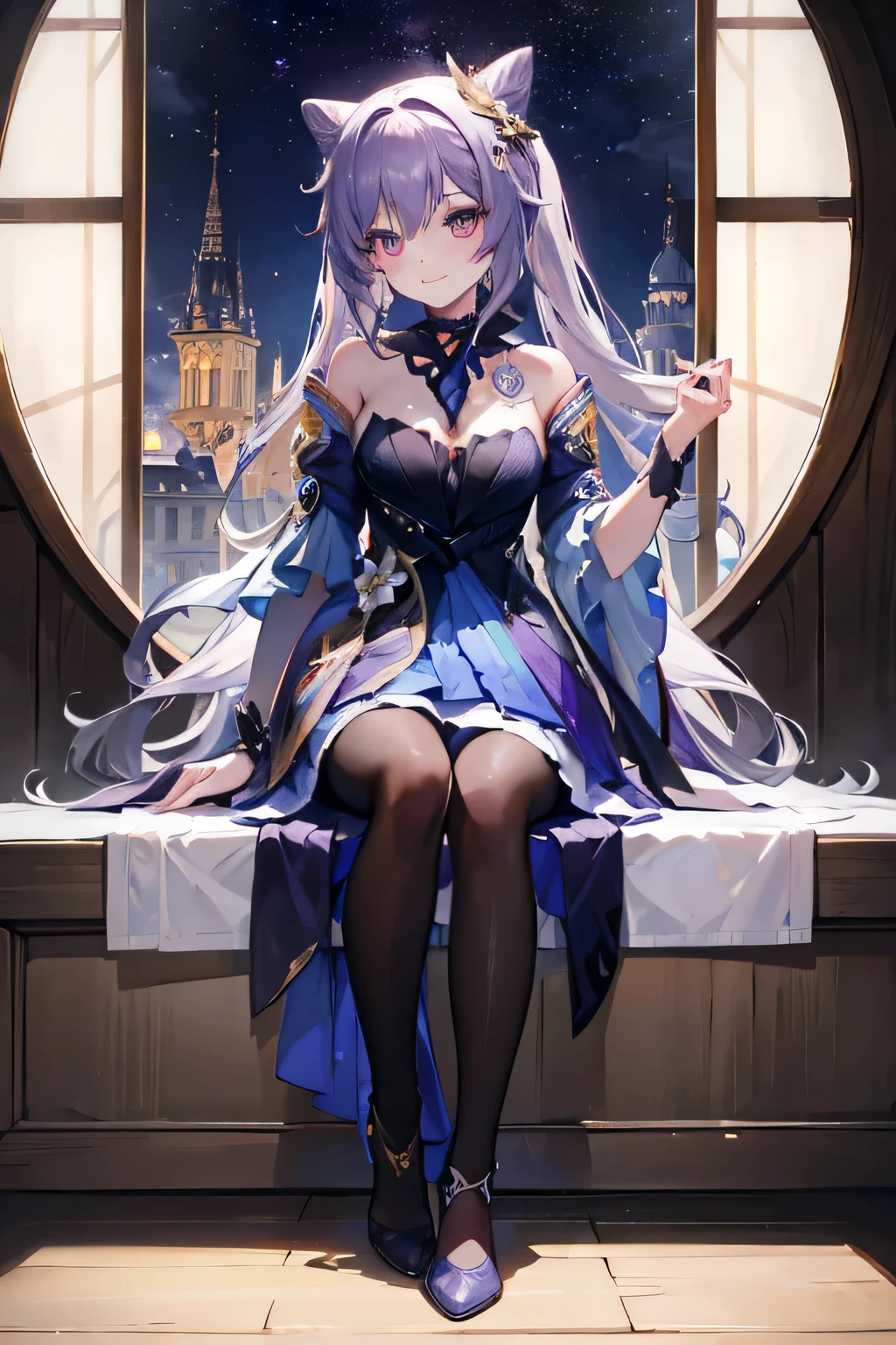 "Epic white flower garden wide atmosphere, stunning 4k artwork featuring a beautiful mature lady with long flowing tied ribbon dark-purple hair. She have blue eyes. She was wearing baroness clothes. She sat by the beautiful white flower and her smile was very warm with her two eyes closed."