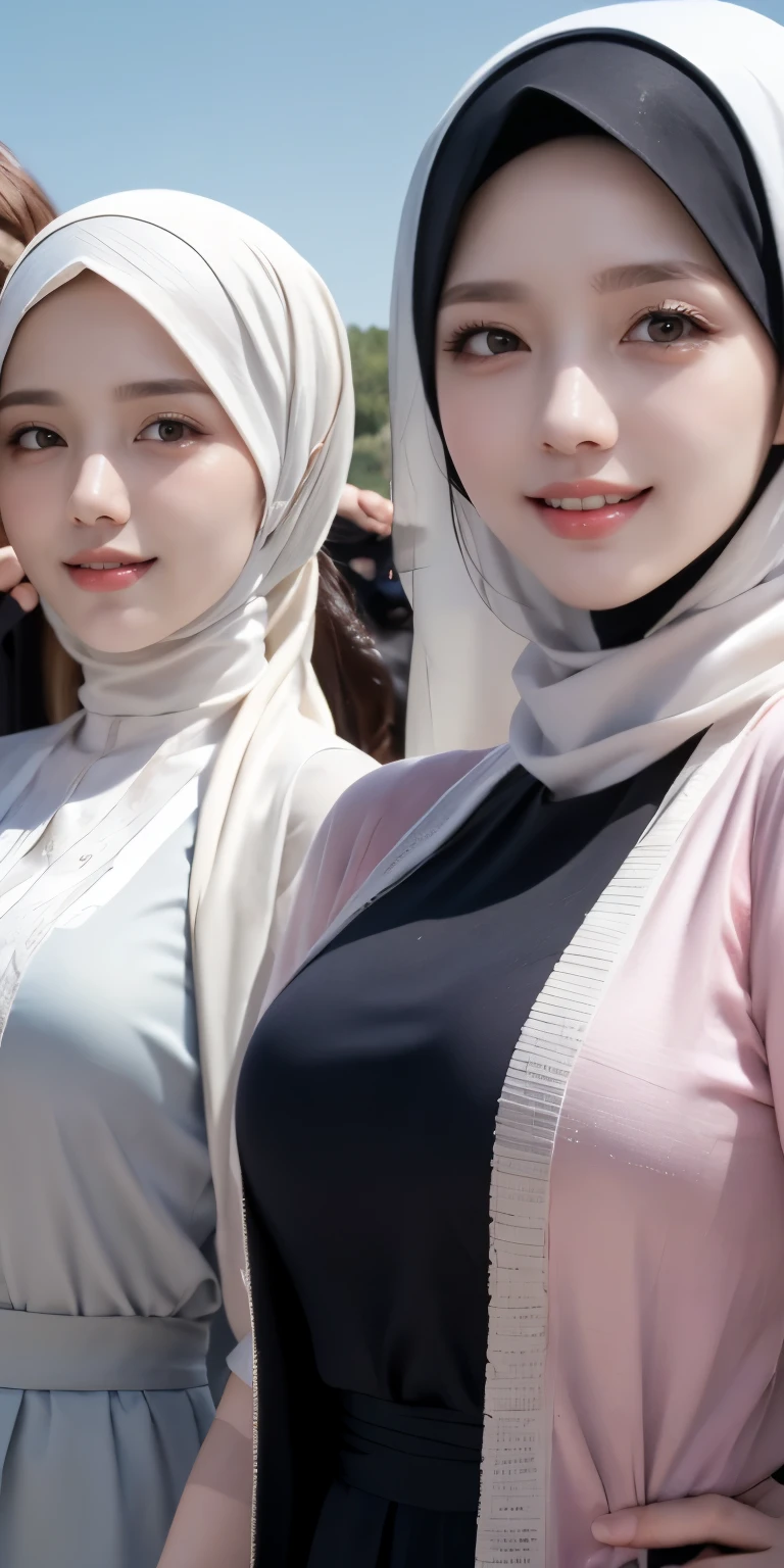 masutepiece, Best Quality, Illustration, Highly detailed, fine detail, high resolution, 8K Wallpaper, Perfect dynamic composition, Many people in hijab, many people's hijab, (three girls in hijab taking front camera photo), many people, Detail of beautiful eyes, Natural Lips , Smiling lips,(Lips laughed lightly), Hand details, (perfect fingers, no defects), Wearing a Muslim hijab, Muslim gamis clothes, luxurious jubba thobbe, full body photo, view of the blue sky, sunlight, close-up photo, (three girls wearing hijabs taking photos holding the front camera), lots of people wearing hijabs, girls taking photos, showing your big breasts, people wearing hijabs, all the girls holding front cameras