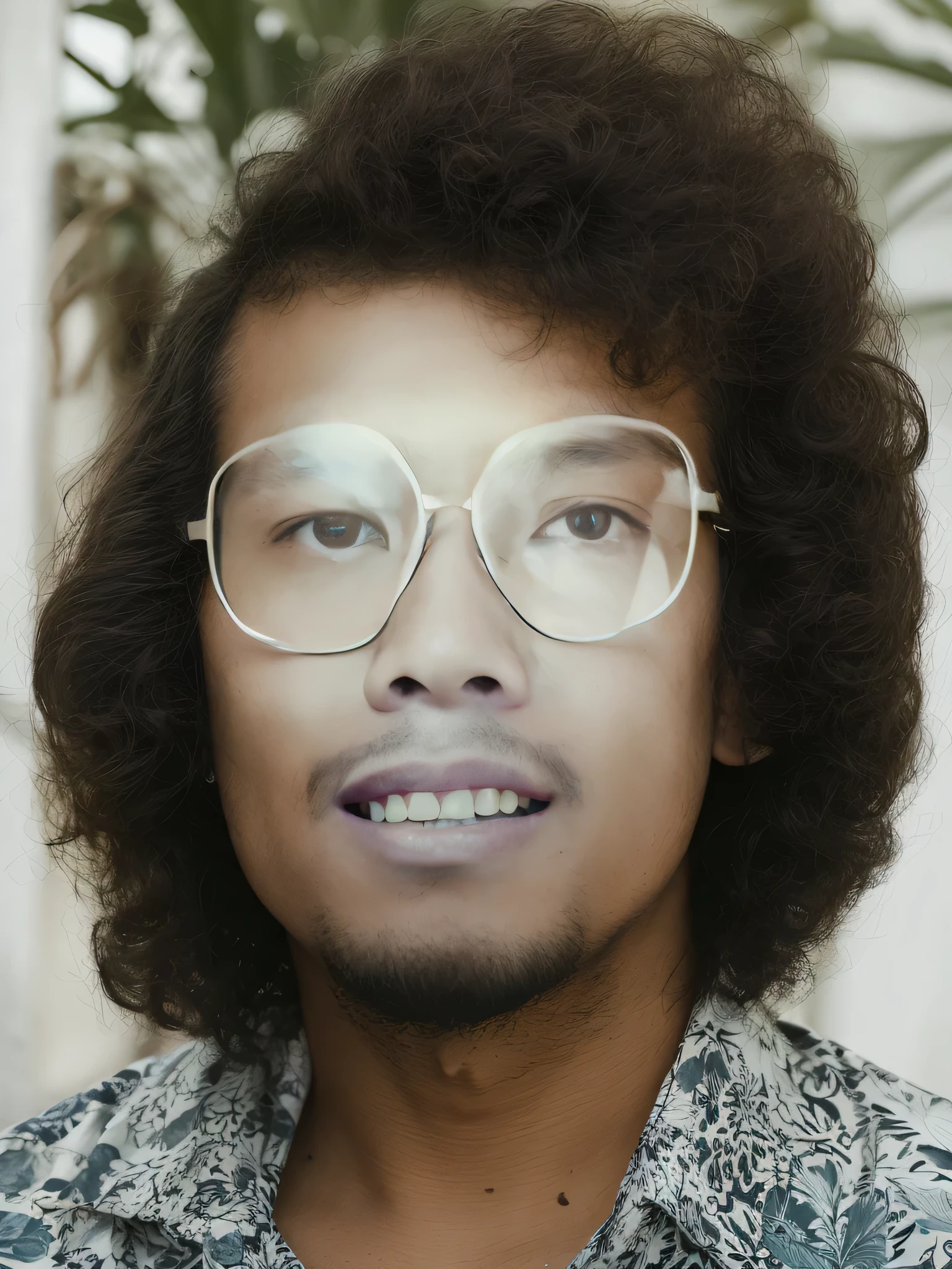 there is a man with glasses and a flower shirt on, clear symmetrical face, portrait symetrical, with symmetrical facial features, inspired by Carl Gustaf Pilo, hyper-detailed portrait, symetrical portrait, symmetrical centered portrait, highly detailed photo portrait, symmetrical nostrils, photorealistic facial features, color portrait, inspired by Chuck Close