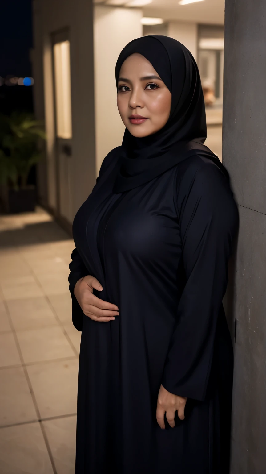 56 years Old, Hijab Indonesian mature woman, Large Tits : 96.9, burqa, curvy body, Breast about To burst out from her clothes, at doctor office, Dark light, at Nighttime.