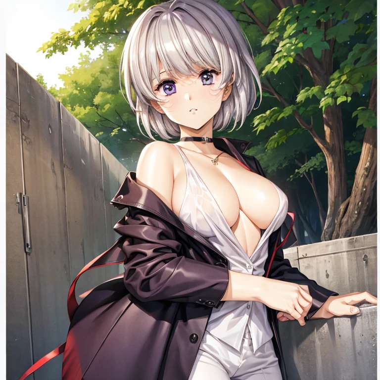 highest quality、masterpiece、pixie cut、very short hair、big breasts、silver hair、Purple eyes、Men、Rin々New、tall、solo、woman、shirt、