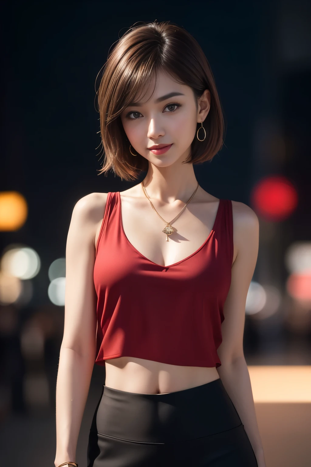 8k, masterpiece, RAW photo, best quality, photorealistic, extremely detailed CG unity 8k wallpaper, Depth of field, Cinematic Light, Lens Flare, Ray tracing, (extremely beautiful face, beautiful lips, beautiful eyes), intricate detail face, ((ultra detailed skin)) 1girl, in the dark, deep shadow, pretty asian girl, 1 girl, (very slim slender fit-muscled body:1.3), ((looking at viewer)),(big smile:1.3), (fashion city night, dark night, (neon sign), (blurred background), street night),(without people in the background:1.3), beautiful earrings, bracelets, necklace, pantyhose, clear eyes, (pale skin), (big eyes), face forward, ((upper body shot)), (looking at viewer:1.3) very slim, medium breasts, (Ultra-realistic, gazing at viewer, short skirt, (hight resolution), (8K), (ighly detailed), (Brown hair, short-hair), (Woman in red short sleeveless blouse, Show the navel), (see through tight blouse), (Slim body), open breasts, short silk skirt,