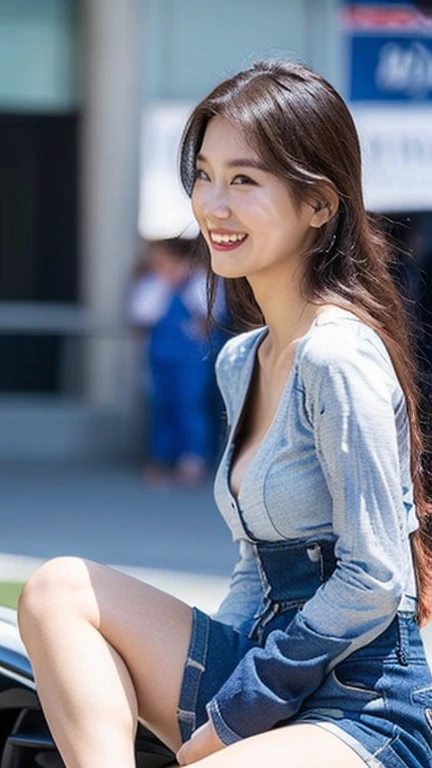 Highly detailed CG Unity 8K wallpaper, highest quality, Super detailed, masterpiece, realistic, photo realistic, Highly detailed cute girl, 25 years old, (whole bodyからつま先まで:1.4)、(whole body)、(whole body to toes)、(shot from the side)、(sitting on the hood of a car)、(lace queen)、(sexy pose),(model pose)、(middle chest)、(Middle butt)、(smile at the camera)、
(Sponsored and wearing grid girl costume'logo is printed.:1.3), (shorts) , (sitting in a motorsport race), (cleavage), smile ,whole bodyショット ,(Side view)、(side shot)、(smile at the camera)、