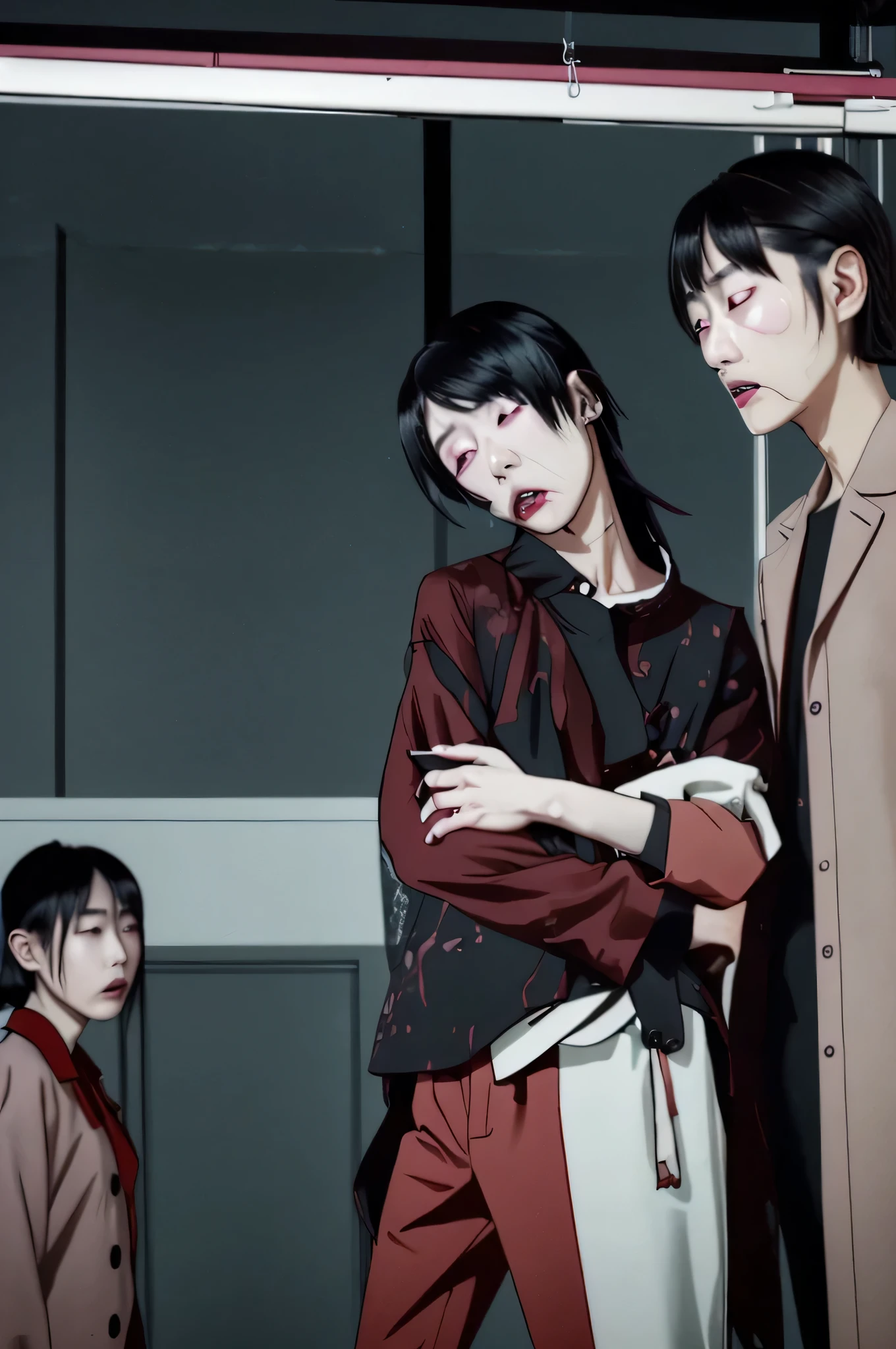 a group of people standing next to each other, ash thorp, yohji yamamoto, still from a music video, face and skin is dark red, accentuated feminine features, three heads, slow - shutter, fractured reality, a young asian woman, stitched together, connectedness, featured on unsplash, unsplash photo contest winner, kakar cheung  