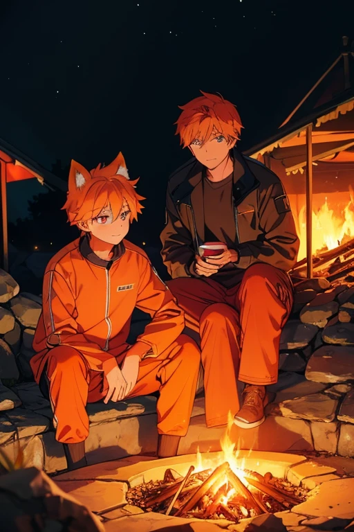 An orange haired man with orange eyes and orange fox ears and an orange fox tail is sitting down with a white haired man with red eyes in front of a crackling fire pit at night with tents in the background