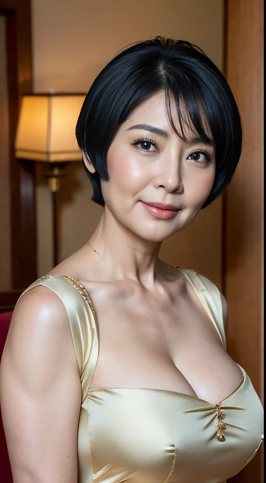 ((aunt:1.2))、(old face:1.2)、big breasts、(Fat:1.3)、(Obesity 1.3)、wrinkles around the eyes、(cleavage)、((She is wearing a cut-out Chinese dress that shows her bare legs.、Beautiful Japan 55 years old、at a luxury hotel、Beautiful Western-style suite with luxurious décor))、Gravure photography、photo pose、(shiny face、sexy face、beautiful face)、wrinkles around the eyes、black haired、short hair、((whole body))、55 years old married woman、skin that looks real、Photoreal