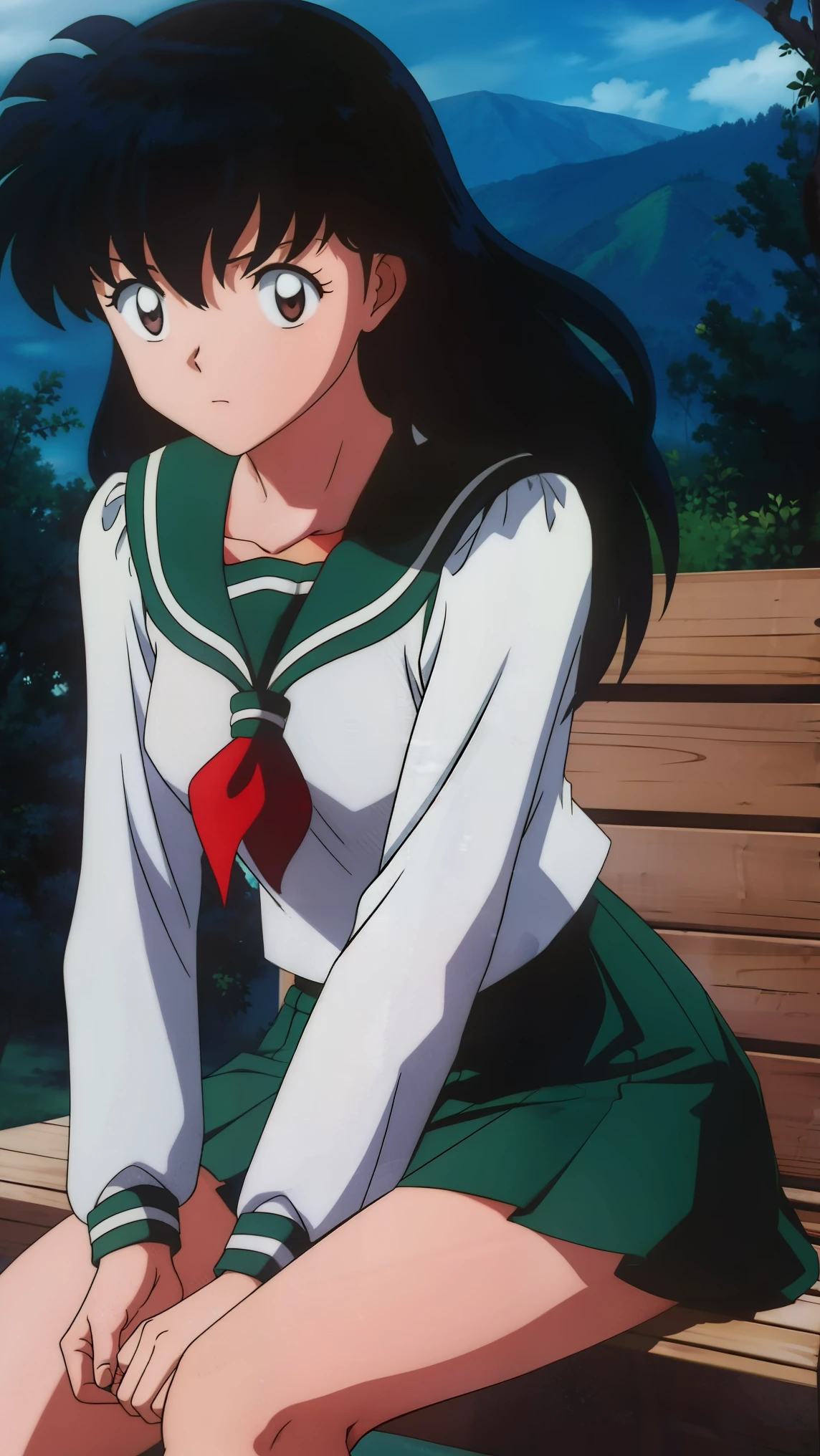 an anime woman sitting on top of a wooden bench with her hair up, 1girl, solo, outdoors, long hair, brown eyes, school uniform,(Masterpiece: 1.6, Best Quality), (Fine Beautiful Eyes: 1.2), (best quality, masterpiece, higher), green school uniform, soft thighs , long sleeves, white socks, scenery , Best Quality, ((anime)) ((Colored)) HD, Kagome Higurashi ,school uniforms, Standing, Green skirt, Red scarf, long hair, Black hair between the eyes, Thighs are soft, school background , black hair, skirt, sitting, green skirt, serafuku
