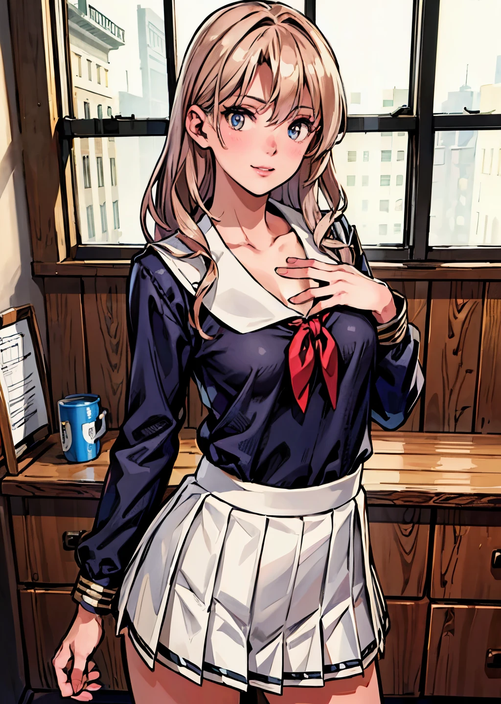 (best quality,4k,8k,highres,masterpiece:1.2),ultra-detailed,(realistic,photorealistic,photo-realistic:1.37),(face close up),beautiful detailed eyes,beautiful detailed lips,extremely detailed eyes and face,long eyelashes,feminine,long wavy hair,(professional,model-like:1.1) embarrassed,pose,(hand on chest,graceful,elegant:nine),high-school uniform,pleated skirt,slim waist,