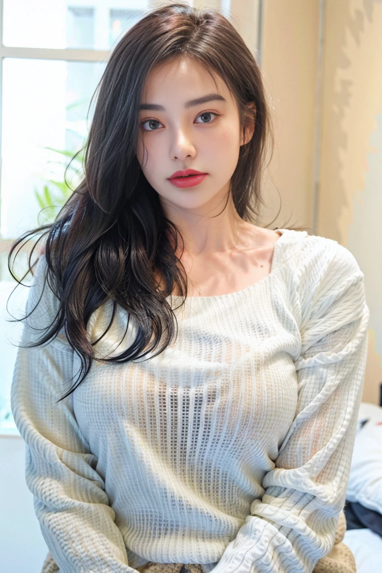 1girl in,Sweaters,White background,Lifelike face、short-hair、Realistic hair quality、brawn hair、detailedasuter piece、realistic skin textureole、Dark circles under the eyes