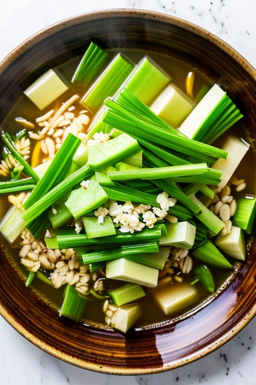 best quality, freshly boiled winter celery, neatly arranged on a simple Japanese plate, emitting steam. Sliced like strips and presented. Soaked in the broth after simmering. A rustic dish with celery placed on a small dining cloth. Lighting reminiscent of a cold winter morning. Overhead view capturing the plated dish.snapshot style.