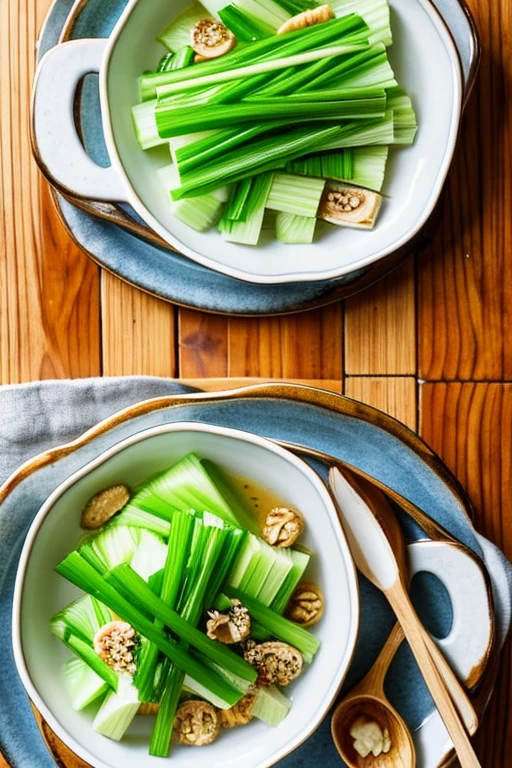 best quality, freshly boiled winter celery, neatly arranged on a simple Japanese plate, emitting steam. Sliced like strips and presented. Soaked in the broth after simmering. A rustic dish with celery placed on a small dining cloth. Lighting reminiscent of a cold winter morning. Overhead view capturing the plated dish.snapshot style.