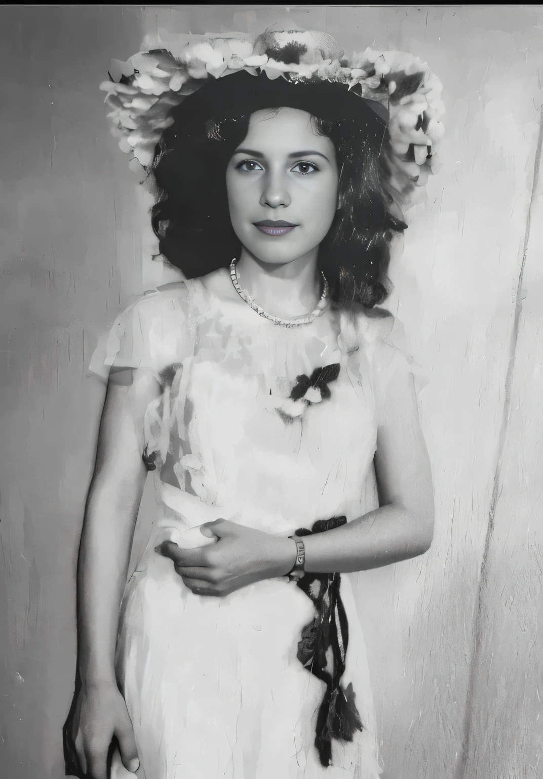 Mujer arafed con un vestido blanco y un sombrero con flores., in his early 20s, en su temprano 3 0, taken in the early 2020s, probably in her 30s, 1 9 4 0 foto, artista desconocido, 1950s photograph, Joe Biden as a transgender woman, Foto temprana en blanco y negro.